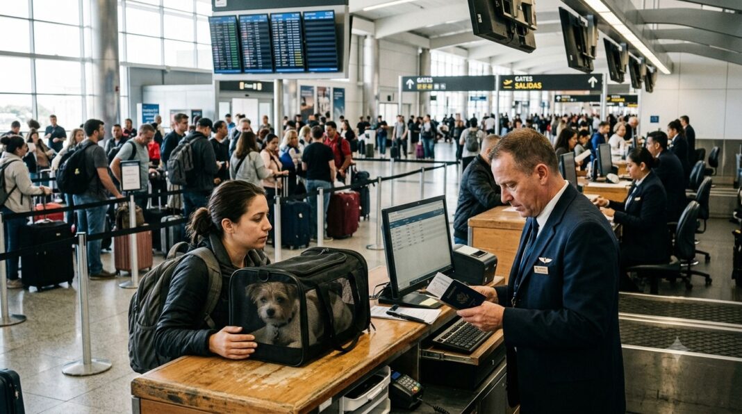 Personal de una aerolínea verifica la documentación para el transporte de mascotas en cabina durante el check-in de un vuelo.