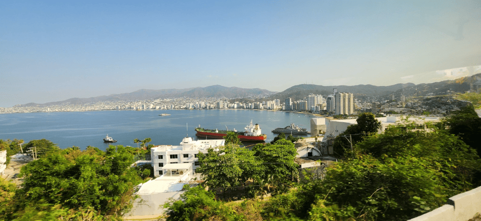Vista panorámica de la bahía de Acapulco desde el mirador del Jardín Botánico, con edificios, embarcaciones y vegetación en primer plano.
