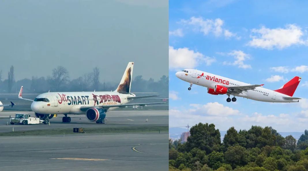 Avión de Avianca despegando y avión de JetSMART en plataforma, ruta Medellín Buenos Aires