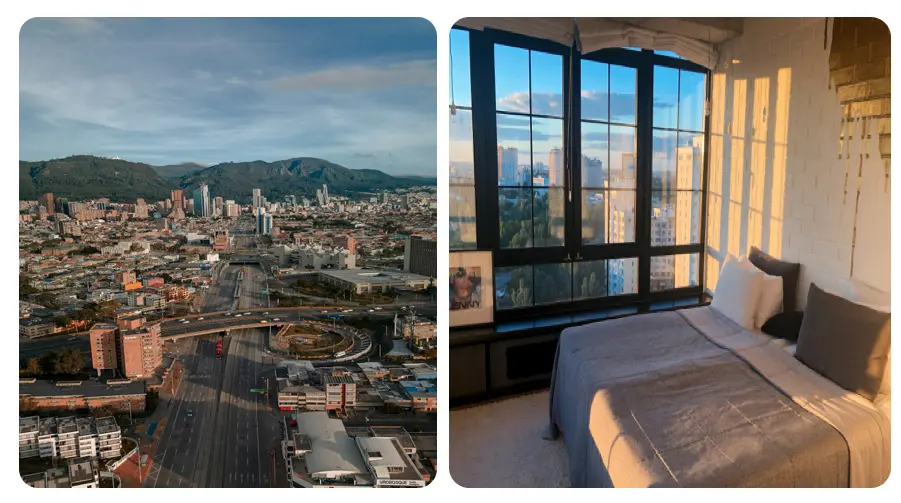 Panorámica de los cerros y la ciudad de Bogotá junto a una habitación de hotel con ventanal, ilustrando la caída del 10,1% en ingresos hoteleros y el 7,3% en empleo en la capital.