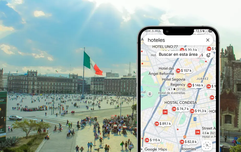 Celular mostrando la búsqueda de hoteles en Google Maps frente al Zócalo de la Ciudad de México