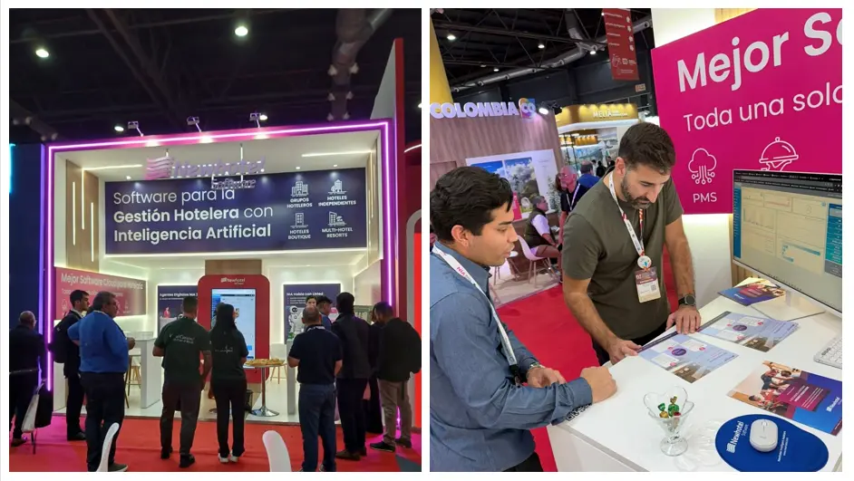 Stand de Newhotel mostrando software para la gestión hotelera con inteligencia artificial y demostración del sistema PMS a un cliente.
