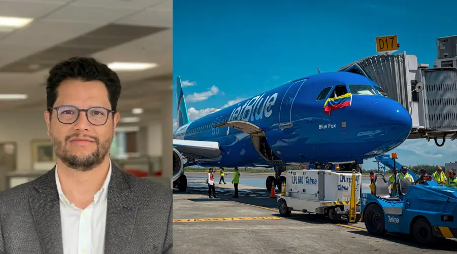 Retrato de Julián Laverde, CEO de Talma Colombia, junto a un avión de JetBlue en la rampa operado por equipos de tierra de Talma.